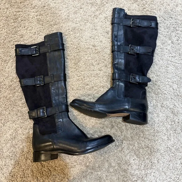 Cole Haan Black Suede Riding Boots Womens Size 7 Tall Buckle Strap Knee High - Picture 1 of 5